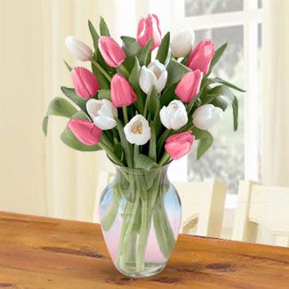 15 Pink & White Tulips in a Glass Vase Hand Designed