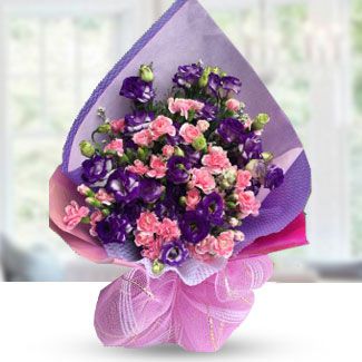 Bouquet of 9 stems of Purple Eustoma and 25 Pink Carnation. Beauty of Love