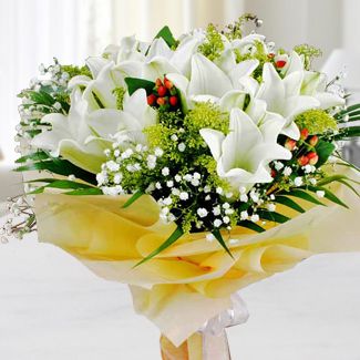Bouquet of 3 stem pure white lilies with white fillers and cherries in nice wrapping Pure White