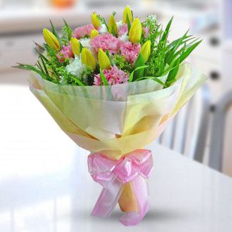 Bouquet of 12 White and Pink Carnation and 10 Stem Yellow Tulips with fillers in nice wrapping Hello Sunshine