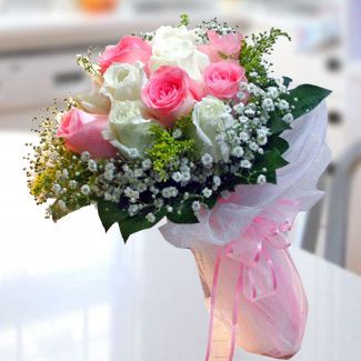 Bouquet of 6 pink and 6 white roses with fillers in nice wrapping In Love With You