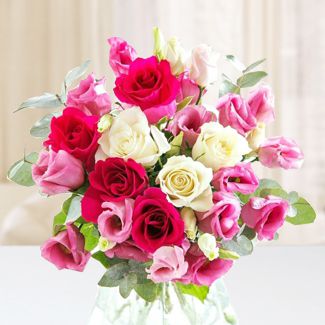 Bunch of 6 Stem Red Roses, 3 Stem White Roses and 3 Pink Eustoma with fillers. Rose Sensation